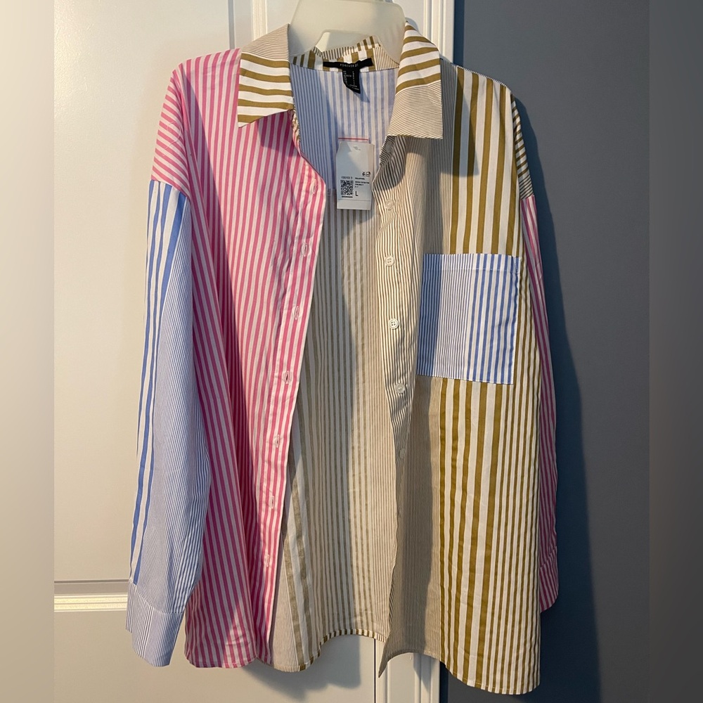 NWT multicolor striped long sleeve woven button up/cover up